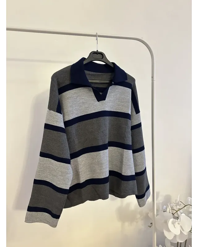 Navy Blue & Grey Striped Knit Sweater