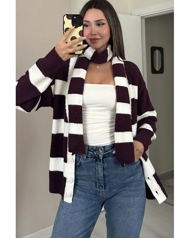 Scarf Detail Cardigan – Dark Berry & Off-White