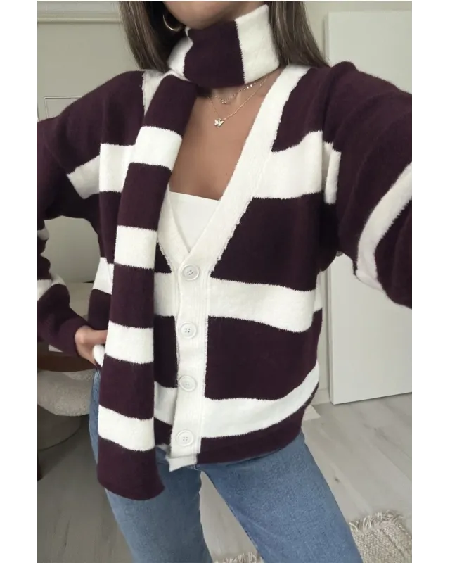 Scarf Detail Cardigan – Dark Berry & Off-White