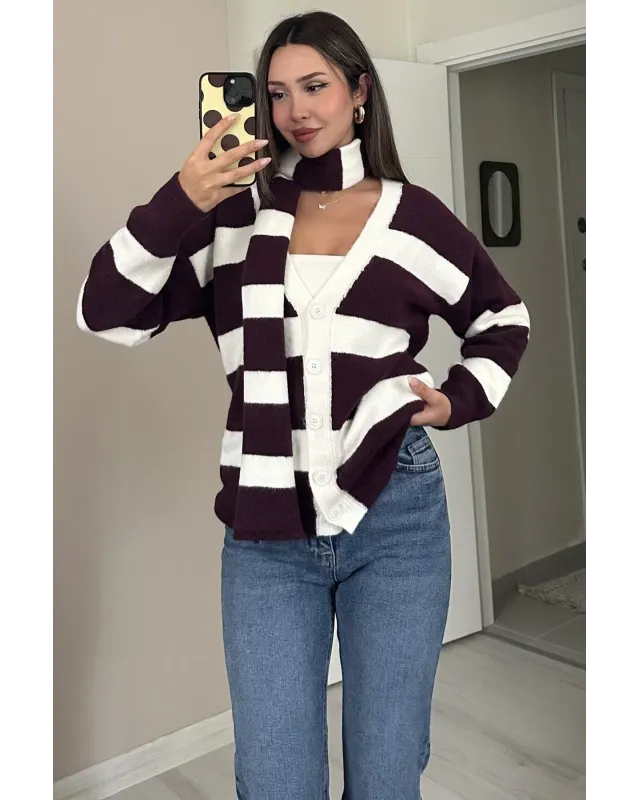 Scarf Detail Cardigan – Dark Berry & Off-White