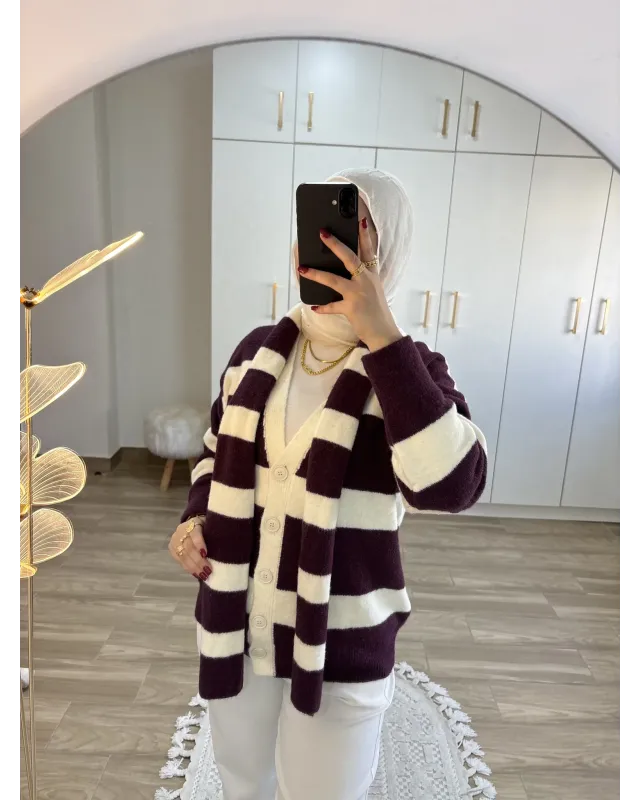 Scarf Detail Cardigan – Dark Berry & Off-White