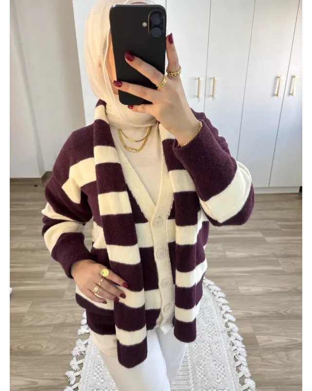 Scarf Detail Cardigan – Dark Berry & Off-White