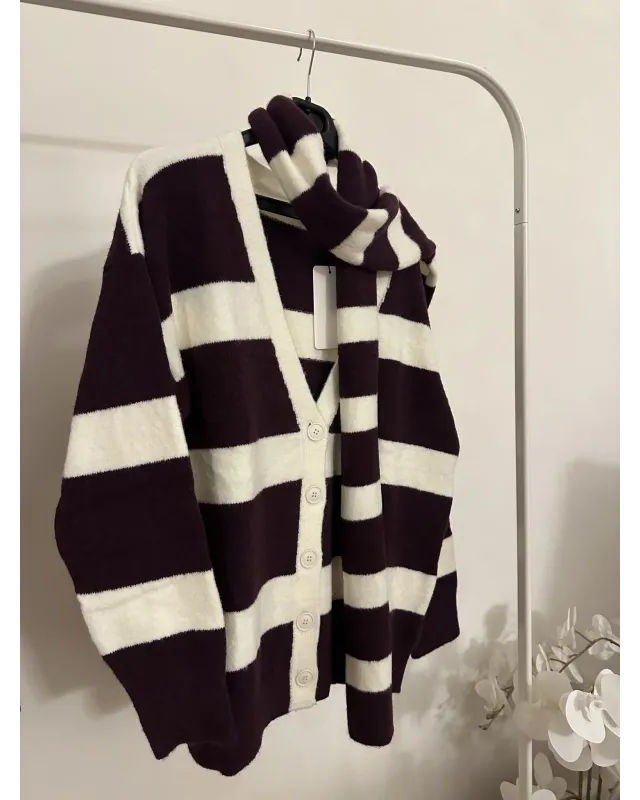 Scarf Detail Cardigan – Dark Berry & Off-White