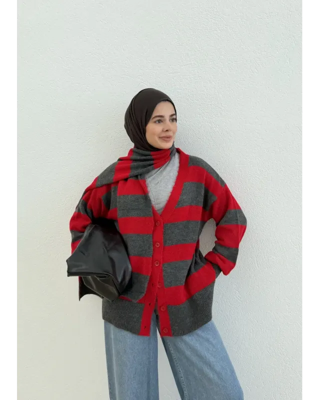 Scarf Detail Cardigan – Red & Grey