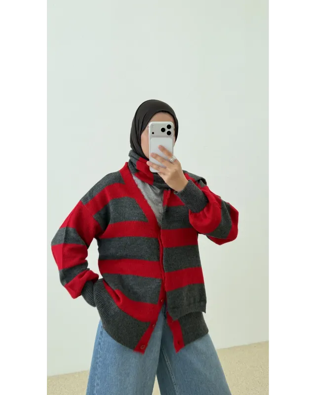 Scarf Detail Cardigan – Red & Grey