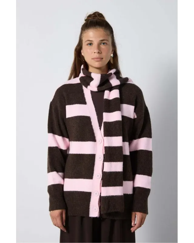 Scarf Detail Cardigan – Brown & Pink