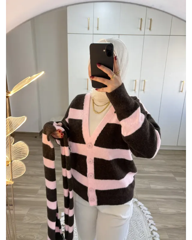 Scarf Detail Cardigan – Brown & Pink