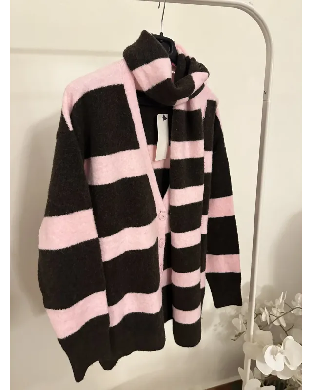 Scarf Detail Cardigan – Brown & Pink