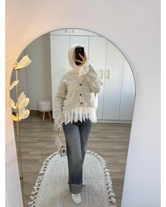 Premium Lace-Hem Cardigan – Light Grey
