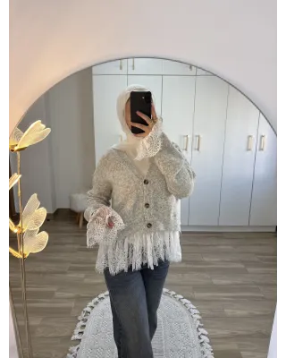 Premium Lace-Hem Cardigan – Light Grey