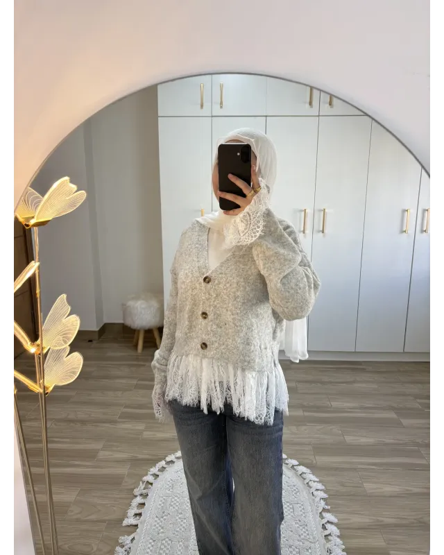 Premium Lace-Hem Cardigan – Light Grey