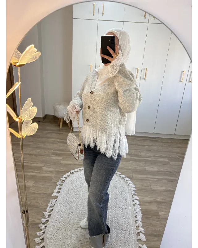 Premium Lace-Hem Cardigan – Light Grey