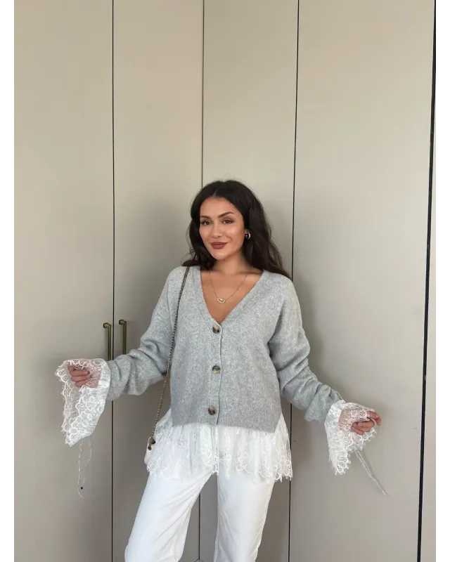 Premium Lace-Hem Cardigan – Light Grey
