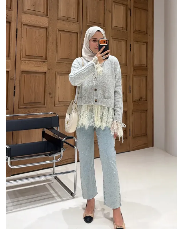 Premium Lace-Hem Cardigan – Light Grey