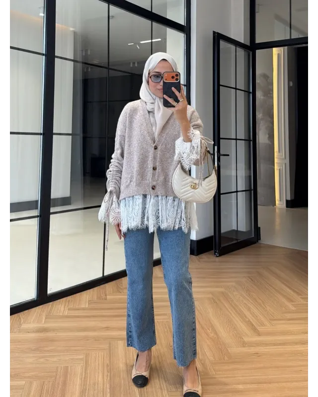Premium Lace-Hem Cardigan – Taupe