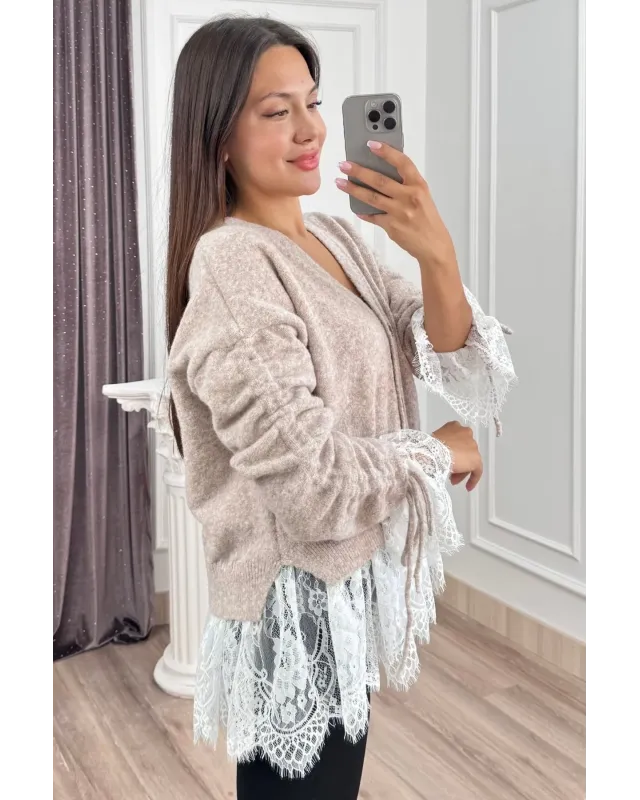 Premium Lace-Hem Cardigan – Taupe