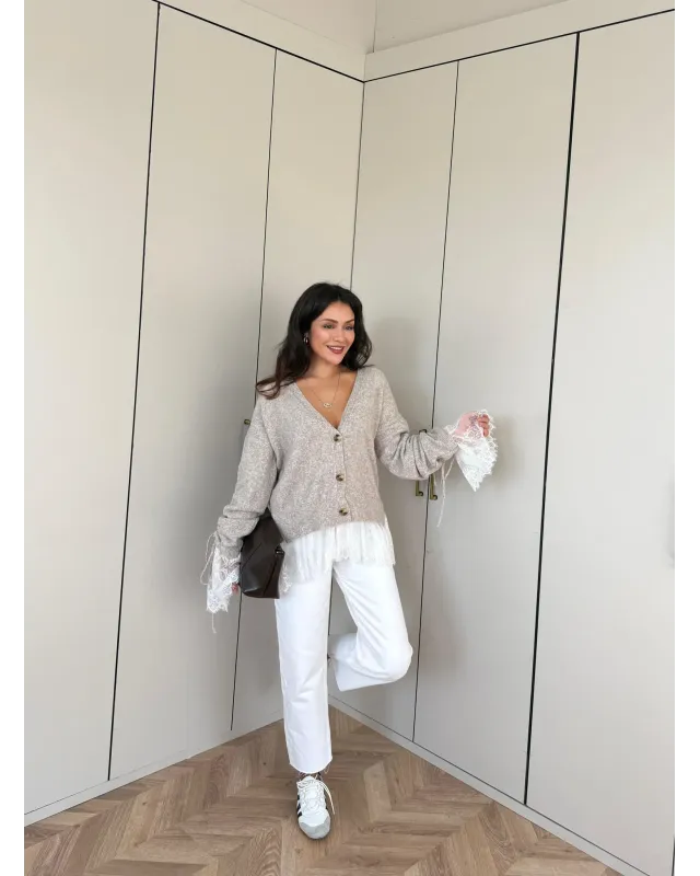 Premium Lace-Hem Cardigan – Taupe