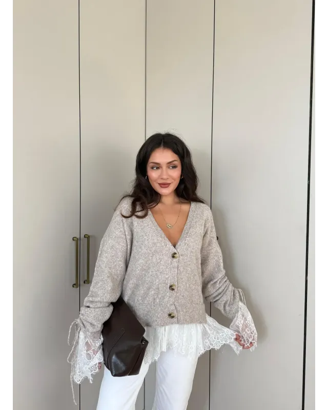 Premium Lace-Hem Cardigan – Taupe