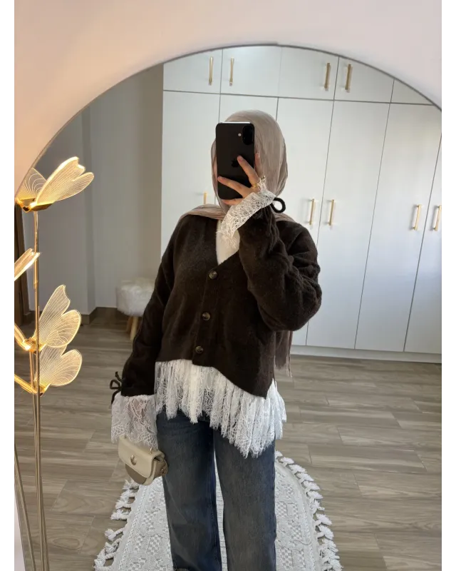 Premium Lace-Hem Cardigan – Dark Brown