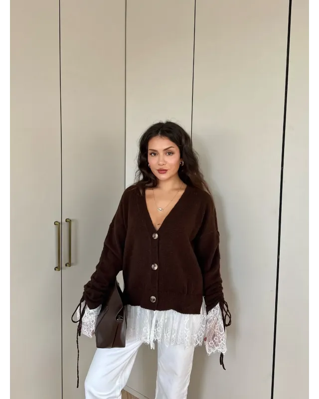 Premium Lace-Hem Cardigan – Dark Brown