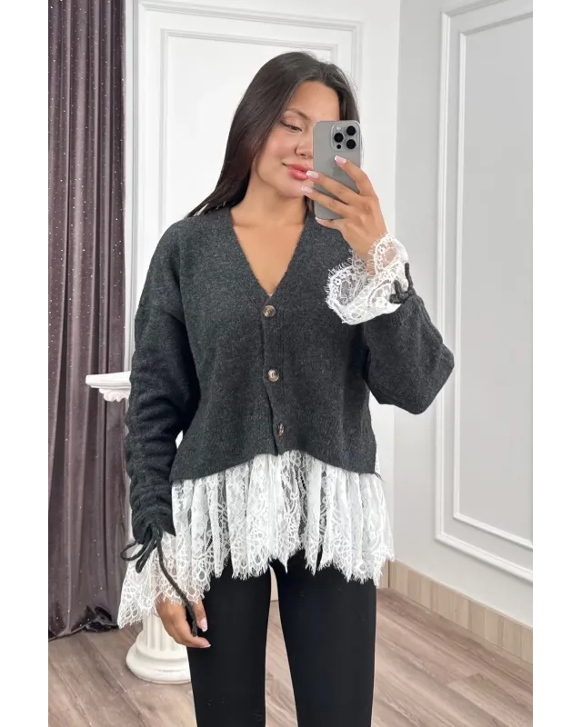Premium Lace-Hem Cardigan – Dark Grey