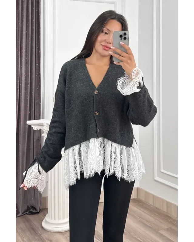 Premium Lace-Hem Cardigan – Dark Grey