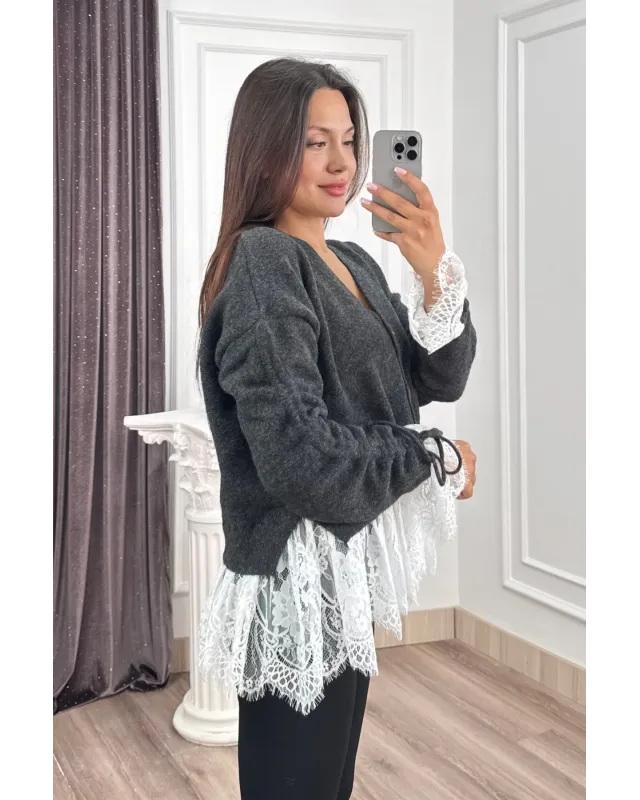 Premium Lace-Hem Cardigan – Dark Grey