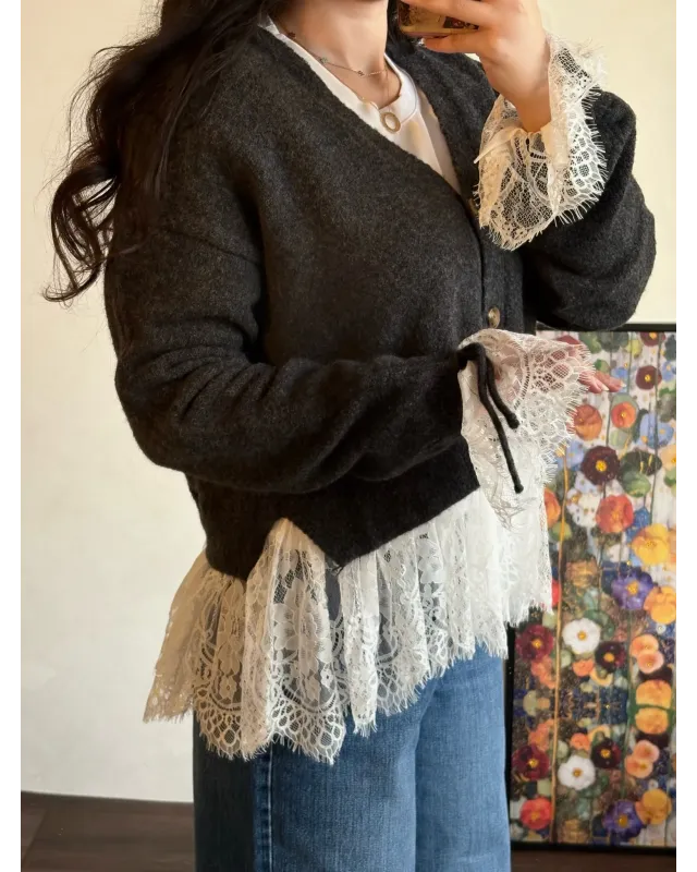Premium Lace-Hem Cardigan – Dark Grey