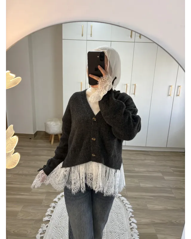 Premium Lace-Hem Cardigan – Dark Grey