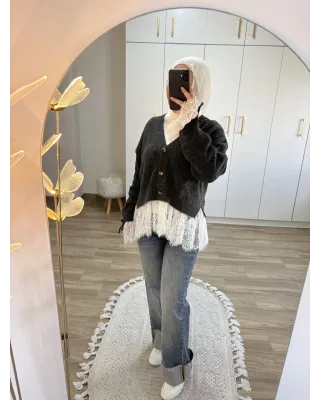 Premium Lace-Hem Cardigan – Dark Grey