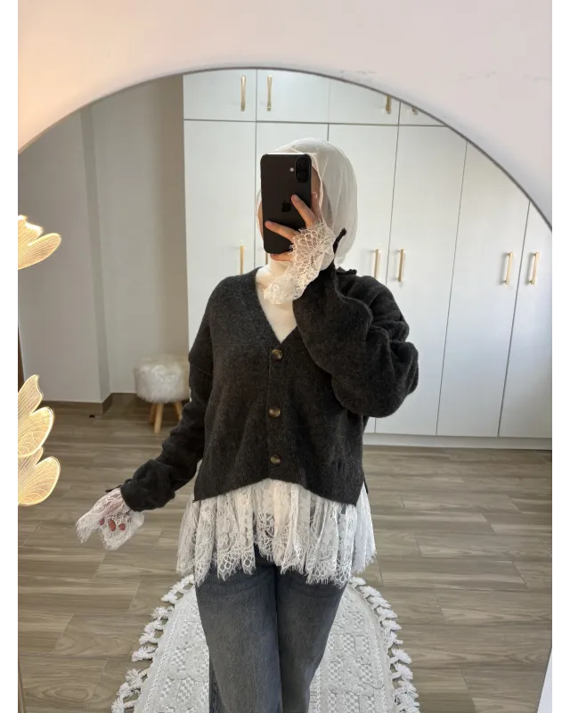 Premium Lace-Hem Cardigan – Dark Grey