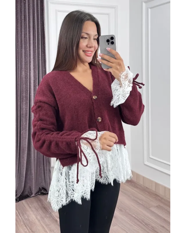 Premium Lace-Hem Cardigan – Burgundy