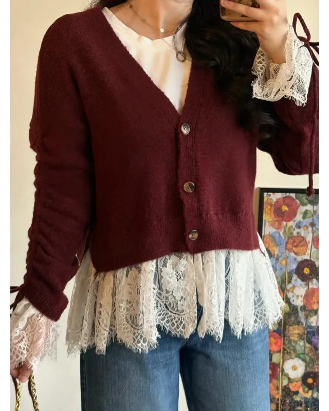 Premium Lace-Hem Cardigan – Burgundy