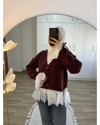 Premium Lace-Hem Cardigan – Burgundy