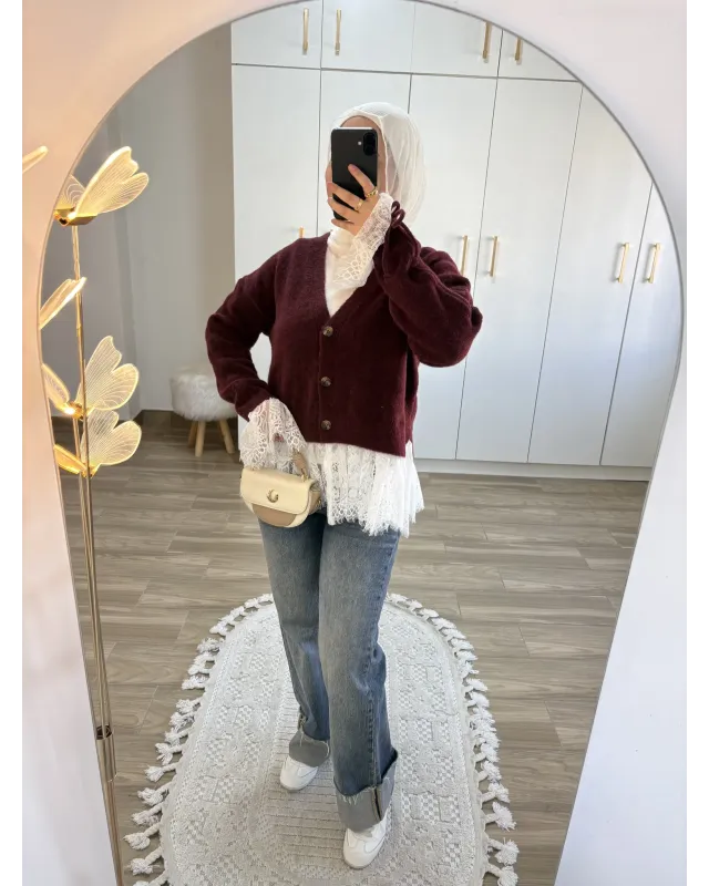 Premium Lace-Hem Cardigan – Burgundy
