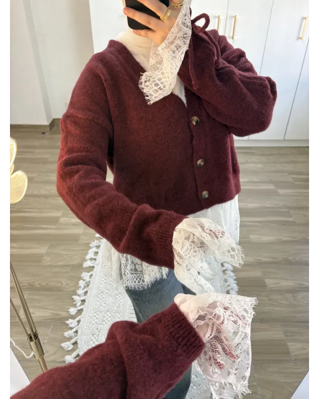 Premium Lace-Hem Cardigan – Burgundy
