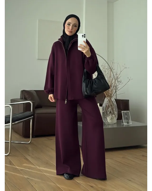 Dark Berry Double-Zip Structured Knit Set