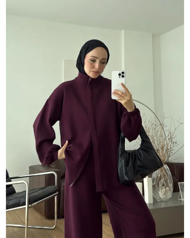 Dark Berry Double-Zip Structured Knit Set