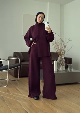 Dark Berry Double-Zip Structured Knit Set