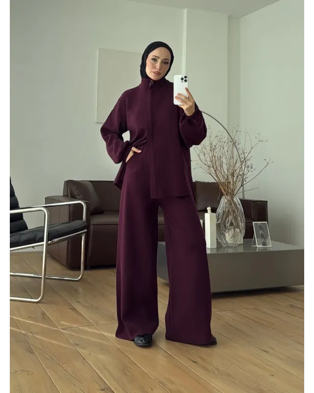 Dark Berry Double-Zip Structured Knit Set