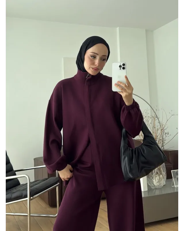 Dark Berry Double-Zip Structured Knit Set