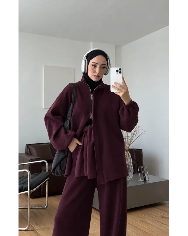 Dark Berry Double-Zip Structured Knit Set