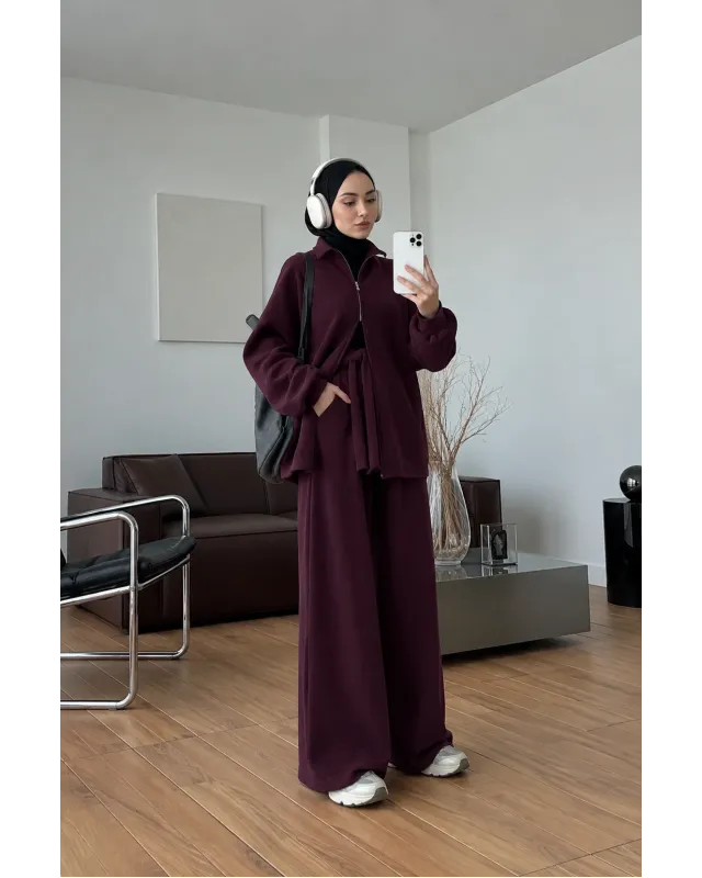 Dark Berry Double-Zip Structured Knit Set