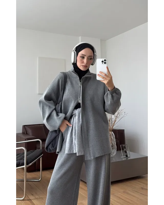 Grey Double-Zip Structured Knit Set