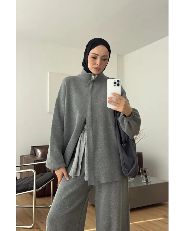 Grey Double-Zip Structured Knit Set