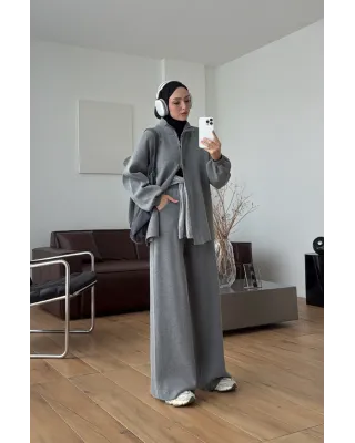Grey Double-Zip Structured Knit Set
