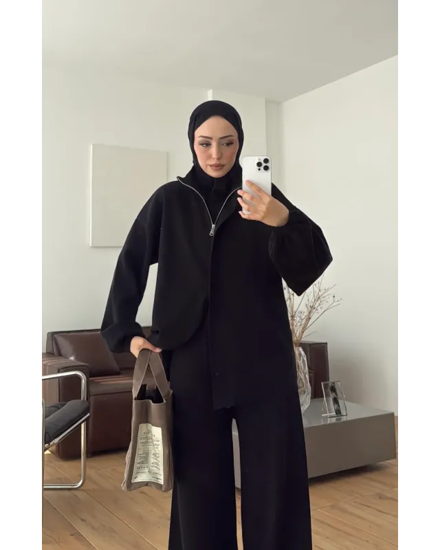 Black Double-Zip Structured Knit Set