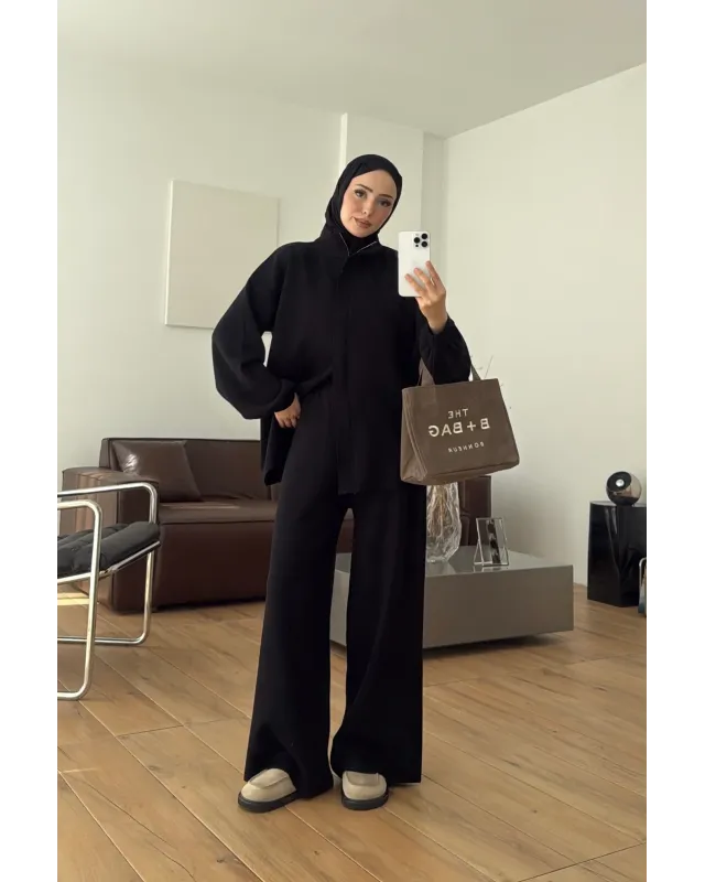 Black Double-Zip Structured Knit Set