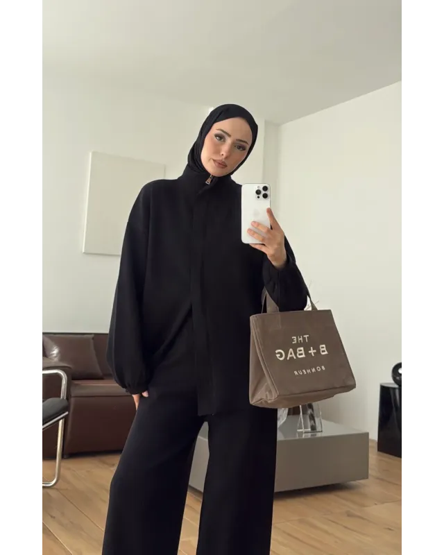 Black Double-Zip Structured Knit Set