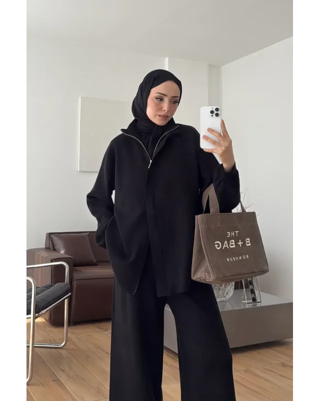 Black Double-Zip Structured Knit Set